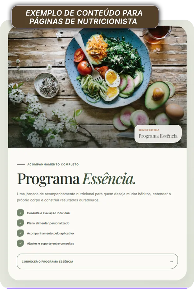 Exemplo de conteúdo para páginas de nutricionista criado com NaminhaBio