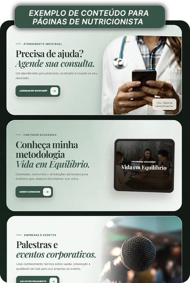 Exemplo de conteúdo para páginas de nutricionista criado com NaminhaBio